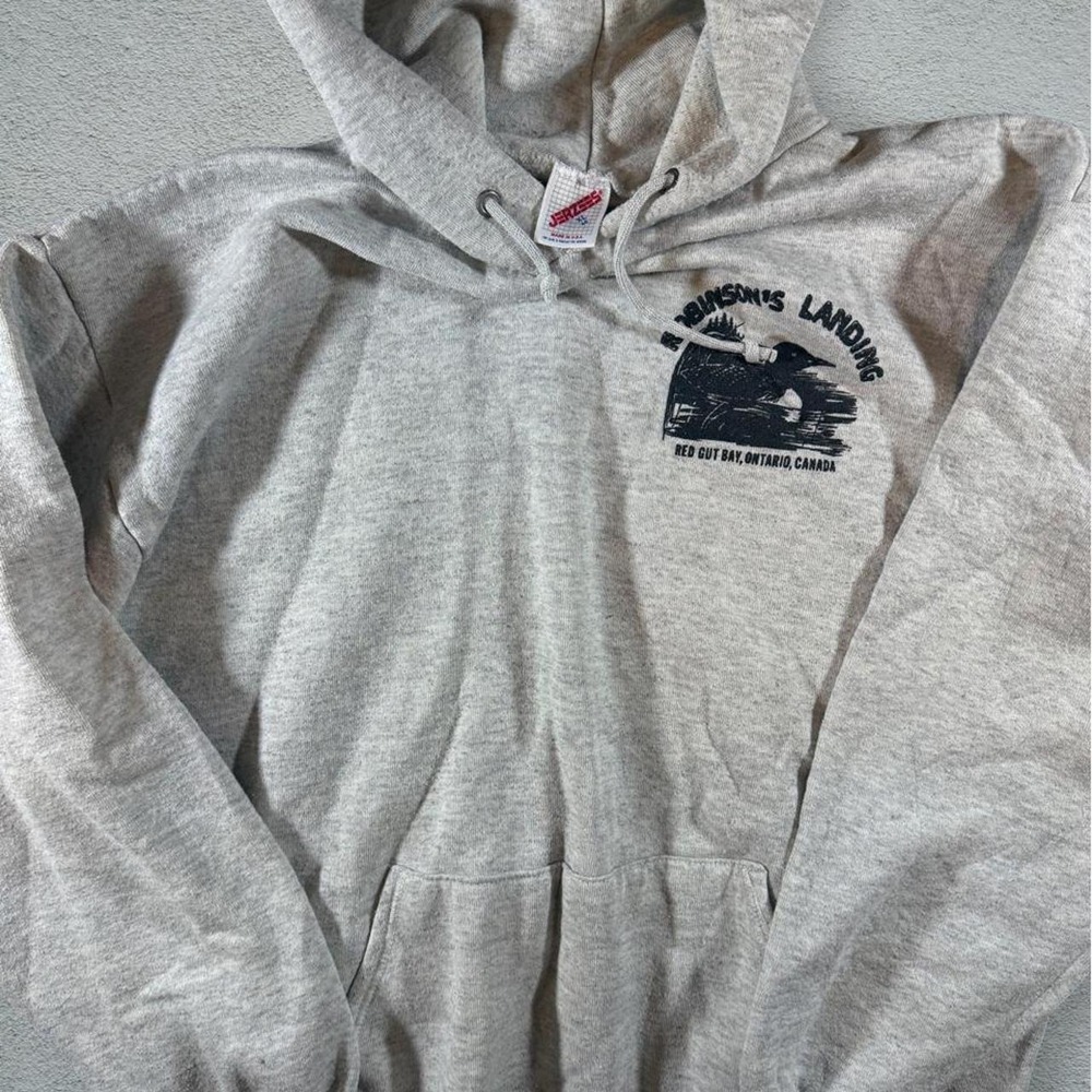 Vintage 90s Jerzees Robinsons Landing Hoodie Grey Mens XL Made in USA
